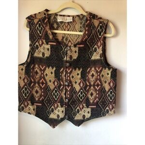 Vintage  Khaki Rose  Women's Large Aztec Tapestry South Western Button Up Vest